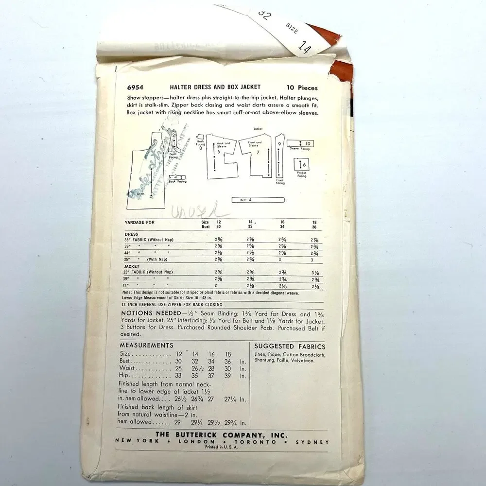 Butterick Vintage 1950's Pattern #6954 Women's Halter Dress And Box Jacket Sz 14